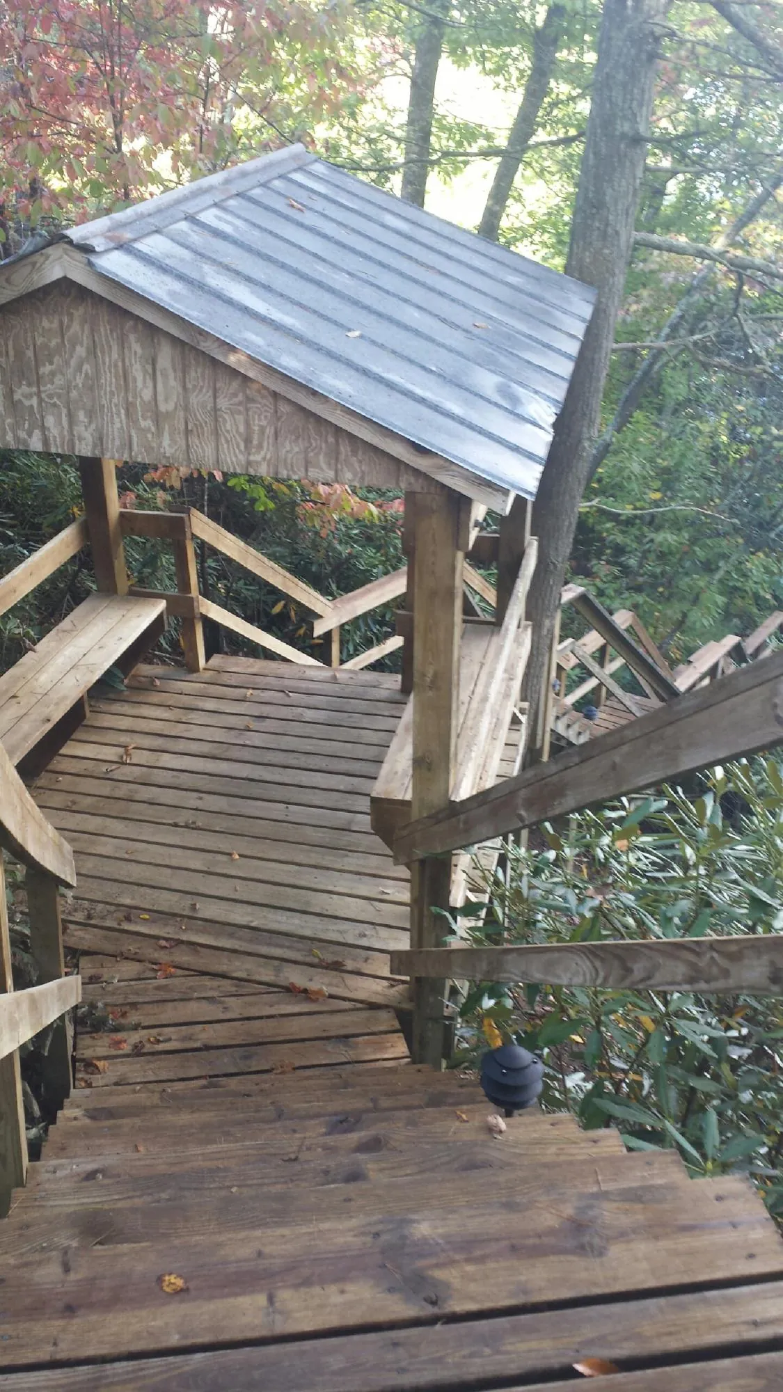 Metal roofed shelter over wooden steps on a wooded walkway — Skylight Repair & Installation work by our crew in Walker